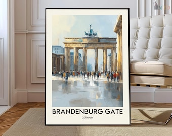 May include: A framed vertical art print featuring an impressionistic painting of the Brandenburg Gate in Germany. The scene depicts the stone monument with a quadriga sculpture on top, surrounded by a crowd of people on a light-colored plaza.