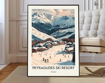 Peyragudes Ski Resort France Poster, French Pyrenees Alpine Ski Wall Art, Scenic Winter Mountain Landscape Illustration