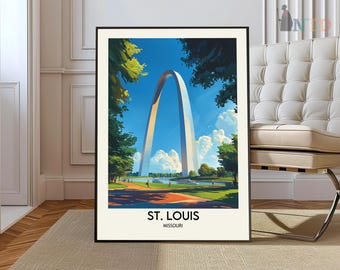 May include: A framed art print featuring the Gateway Arch in St. Louis, Missouri. The artwork depicts the arch against a blue sky with trees and clouds. The text "ST. LOUIS MISSOURI" is printed at the bottom.