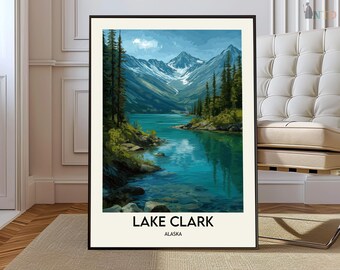 Pôster do Lago Clark, Alasca, Arte de Parede para Parque Nacional, Decoração para Viagem à Natureza Selvagem