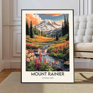 Impression de voyage Mount Rainier, États-Unis, décoration d'intérieur, art mural rétro, cadeau de mariage, cadeau d'anniversaire, impression numérique, poster Mount Rainier
