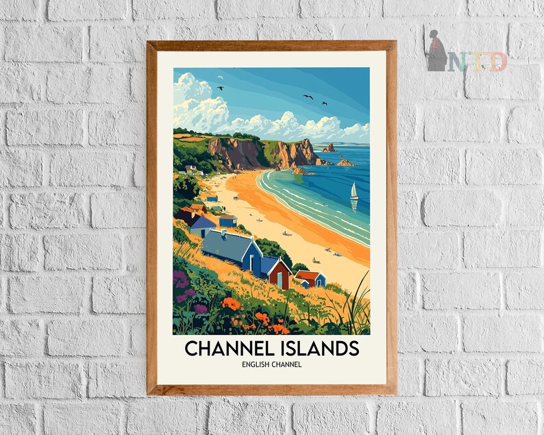 May include: A vintage travel poster with a blue and white illustration of a beach scene with colorful beach huts and the text "Channel Islands, English Channel".