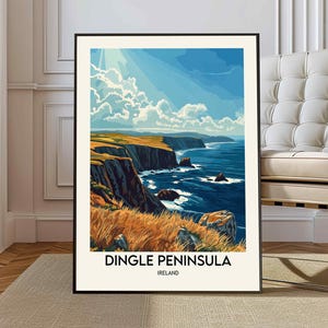 May include: A colorful illustration of a coastal landscape with cliffs and ocean waves. The text "Dingle Peninsula, Ireland" is at the bottom of the image.