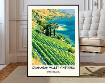 Okanagan Valley Vineyard Poster Print | BC Wine Country Wall Art | Kelowna Canada Lake Map Decor | Wine Travel Illustration Gift