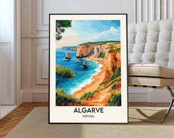 May include: A colorful poster with a scenic view of a beach in Algarve, Portugal. The poster features a blue ocean, sandy beach, and rocky cliffs. The text "ALGARVE PORTUGAL" is printed at the bottom of the poster.