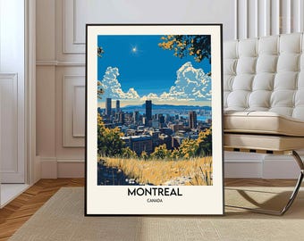 Op de afbeelding: Een kleurrijke illustratie van de skyline van Montreal met de tekst "MONTREAL CANADA" onderaan. De illustratie toont een blauwe lucht met witte wolken, groene bomen en een stadsbeeld met hoge gebouwen.