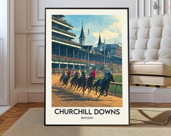 Pôster de Churchill Downs, Kentucky; Arte de parede para corrida de cavalos do Kentucky Derby; Ilustração de um ponto turístico de Louisville.