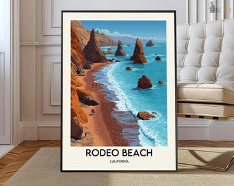 May include: A framed art print of Rodeo Beach in California. The artwork depicts a coastal scene with red-orange cliffs, turquoise water, and a sandy beach. The words "RODEO BEACH CALIFORNIA" are printed at the bottom.