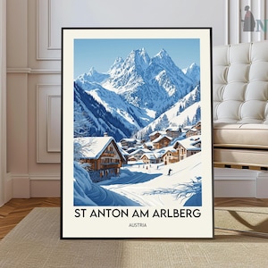 May include: A vintage travel poster featuring a snowy mountain scene with a village nestled in the valley. The poster is titled "St. Anton am Arlberg, Austria".