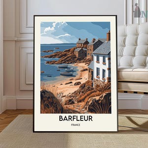 May include: A vintage-style illustration of a coastal village in Barfleur, France. The image features a cluster of stone buildings with red tile roofs, nestled amongst rocky cliffs and a calm blue sea. Several small boats are anchored in the bay, and the scene is bathed in warm sunlight.