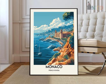 May include: A vintage travel poster featuring a colorful illustration of Monaco, a city on the French Riviera. The poster depicts a cityscape with buildings, a harbor, and boats. The text "MONACO" and "FRENCH RIVIERA" is printed at the bottom of the poster.