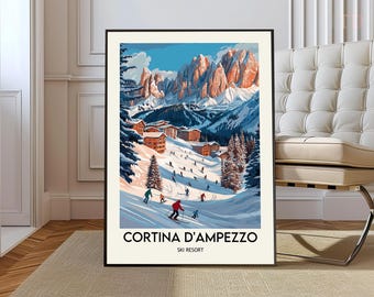Puede incluir: Una impresión artística enmarcada con una ilustración de estilo vintage de la estación de esquí de Cortina d'Ampezzo. La obra representa esquiadores en una ladera nevada con picos montañosos al fondo. La impresión tiene un marco negro y el texto "Cortina d'Ampezzo Ski Resort".