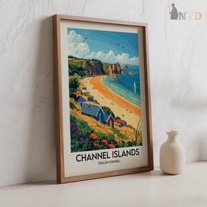 May include: A vintage travel poster with a colorful illustration of a beach scene with blue water, a sandy beach, and colorful houses. The text on the poster reads "Channel Islands, English Channel".