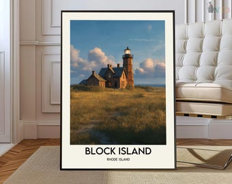 Póster de Block Island, Rhode Island, arte mural costero de Nueva Inglaterra, decoración de viaje para la playa de la isla