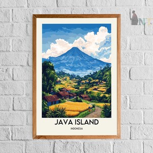 May include: A framed art print of Java Island, Indonesia, depicting a vibrant landscape. The artwork features a large blue mountain, lush green vegetation, and a village with red-roofed houses. The text "JAVA ISLAND INDONESIA" is at the bottom.