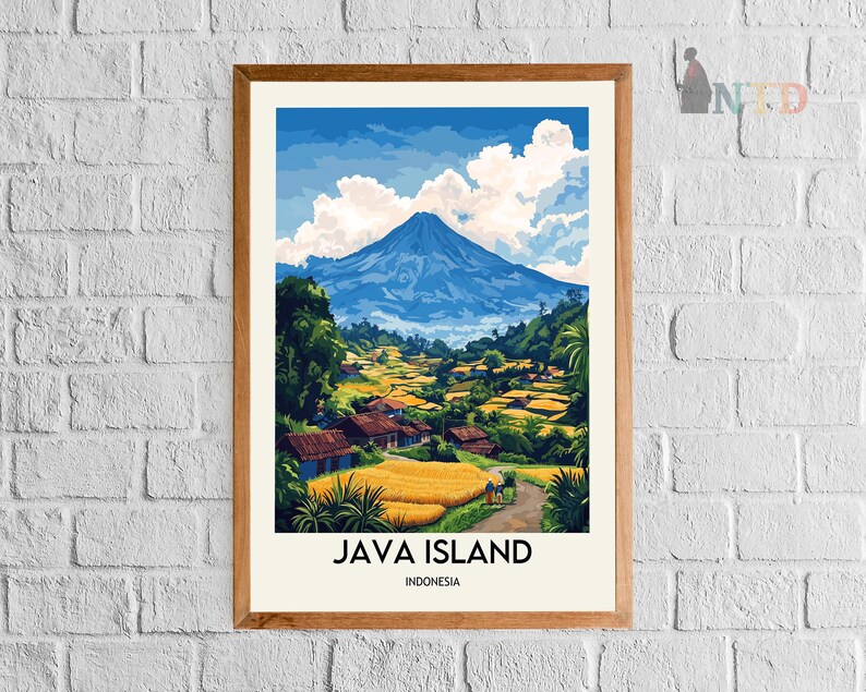 May include: A framed art print of Java Island, Indonesia, depicting a vibrant landscape. The artwork features a large blue mountain, lush green vegetation, and a village with red-roofed houses. The text "JAVA ISLAND INDONESIA" is at the bottom.