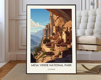 Póster del Parque Nacional Mesa Verde, Colorado; Arte mural de ruinas antiguas de viviendas en acantilados; Ilustración de paisaje histórico panorámico.