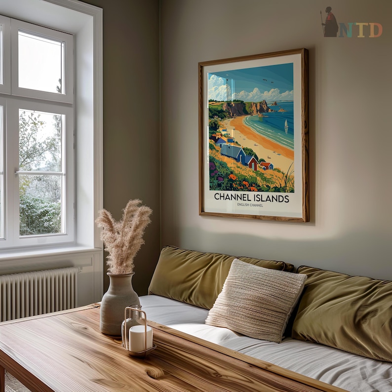 May include: A vintage travel poster featuring a colorful illustration of a beach scene with a sailboat and the text "Channel Islands, English Channel".