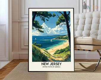 May include: A vintage travel poster design featuring a scenic view of a beach in New Jersey, United States. The poster has a blue, green, and white color scheme and features a sandy beach, blue water, and green trees. The text "NEW JERSEY" and "UNITED STATES OF AMERICA" is printed at the bottom of the poster.