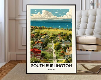 South Burlington Vermont Poster, Lake Champlain & Green Mountains Wall Art, Scenic New England Landscape Illustration