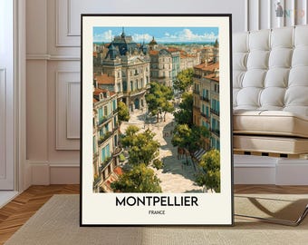 May include: A framed art print showing a detailed illustration of Montpellier, France. The artwork depicts a city street with buildings, trees, and people. The print has a black frame and includes the text "MONTPELLIER FRANCE" at the bottom.