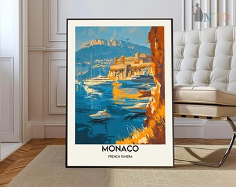 May include: A vintage travel poster featuring a colorful illustration of Monaco, a city on the French Riviera. The poster depicts a harbor with boats and a view of the city's buildings and coastline.