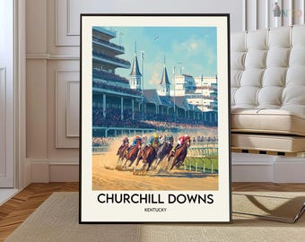 Póster de Churchill Downs Kentucky, Arte mural de carreras de caballos del Derby de Kentucky, Ilustración de un lugar emblemático de Louisville