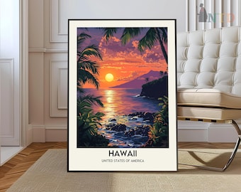 Pode incluir: Uma impressão emoldurada de um pôr do sol sobre uma ilha tropical com palmeiras em primeiro plano. A impressão tem o texto "HAWAII" e "UNITED STATES OF AMERICA" na parte inferior.
