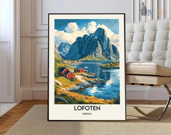 May include: A colorful painting of a mountain landscape with red houses and a blue lake. The text "Lofoten, Norway" is at the bottom of the painting.