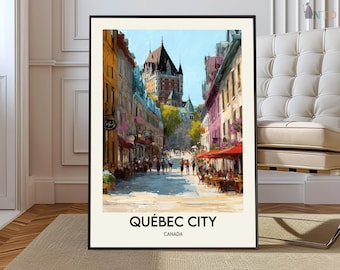 May include: A framed art print depicting a street scene in Québec City, Canada. The artwork showcases a painterly style with colourful buildings, people, and outdoor dining. A prominent castle is visible in the background. The text "QUÉBEC CITY CANADA" is displayed at the bottom.