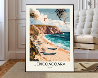 May include: A framed art print of Jericoacoara, Brazil, featuring a beach scene with turquoise water, boats, and people. Palm trees and a cliffside are in the background. The print has the text "JERICOACOARA" and "BRAZIL" at the bottom.