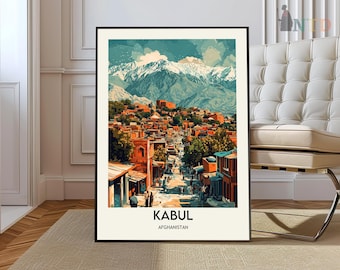 May include: A colourful illustration of a city scene with buildings, mountains, and people. The text "Kabul, Afghanistan" is at the bottom of the image.