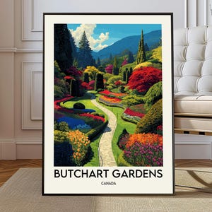 May include: A framed print of Butchart Gardens in Canada. The artwork depicts a vibrant garden with a winding path, colorful flowers, and lush greenery. The sky is blue with fluffy white clouds.