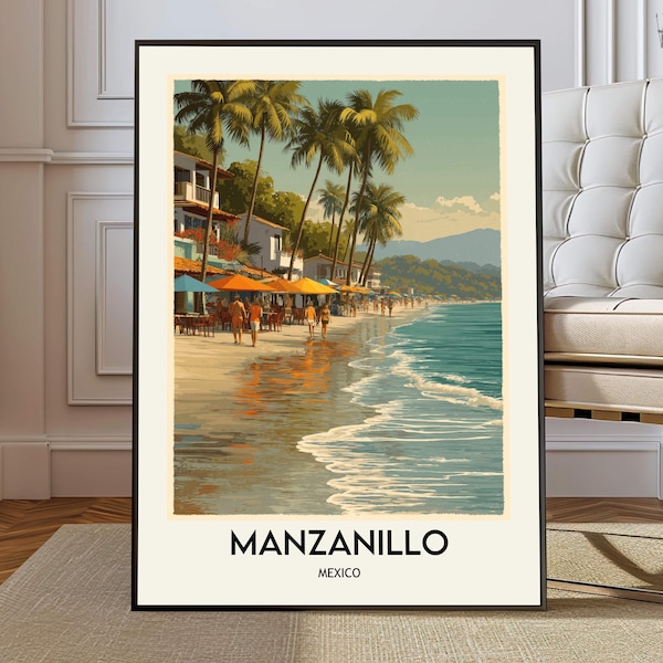 Manzanillo Mexico Poster, Pacific Coast Beach Wall Art, Colima Tropical Seaside Landscape Illustration