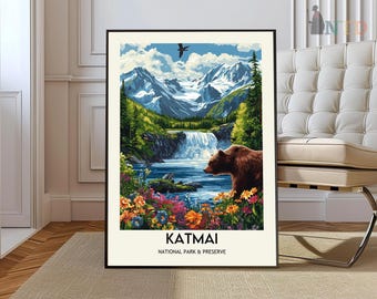 Plakat Parku Narodowego Katmai, Prezent dla Parku Narodowego, Prezent dla Miłośnika Przyrody, Wydrukowana Sztuka Ścienna, Sztuka Ścienna Alaska, Wydruk Niedźwiedzia Grizzly Wodospadu Brooksa