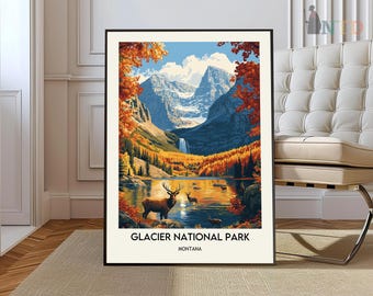 Plakat Glacier National Park, wydruk z podróży Montana, wystrój domu, malarstwo ścienne, prezent na wędrówkę, plakat Rocky Mountains Montana