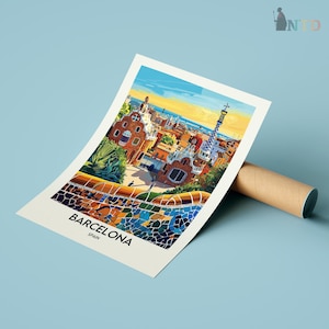 Puede incluir: Una ilustraci&oacute;n colorida del Parque G&uuml;ell en Barcelona, Espa&ntilde;a. La imagen presenta un banco de mosaico, una vista de la ciudad y el texto "Barcelona, Espa&ntilde;a".