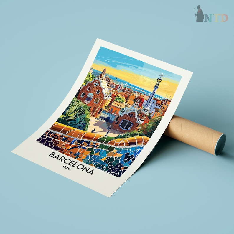 Puede incluir: Una ilustraci&oacute;n colorida del Parque G&uuml;ell en Barcelona, Espa&ntilde;a. La imagen presenta un banco de mosaico, una vista de la ciudad y el texto "Barcelona, Espa&ntilde;a".