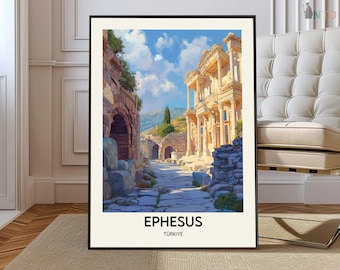 Ephesus Turkey Poster, Ancient Roman Ruins Library of Celsus Wall Art, Historic UNESCO Site Illustration