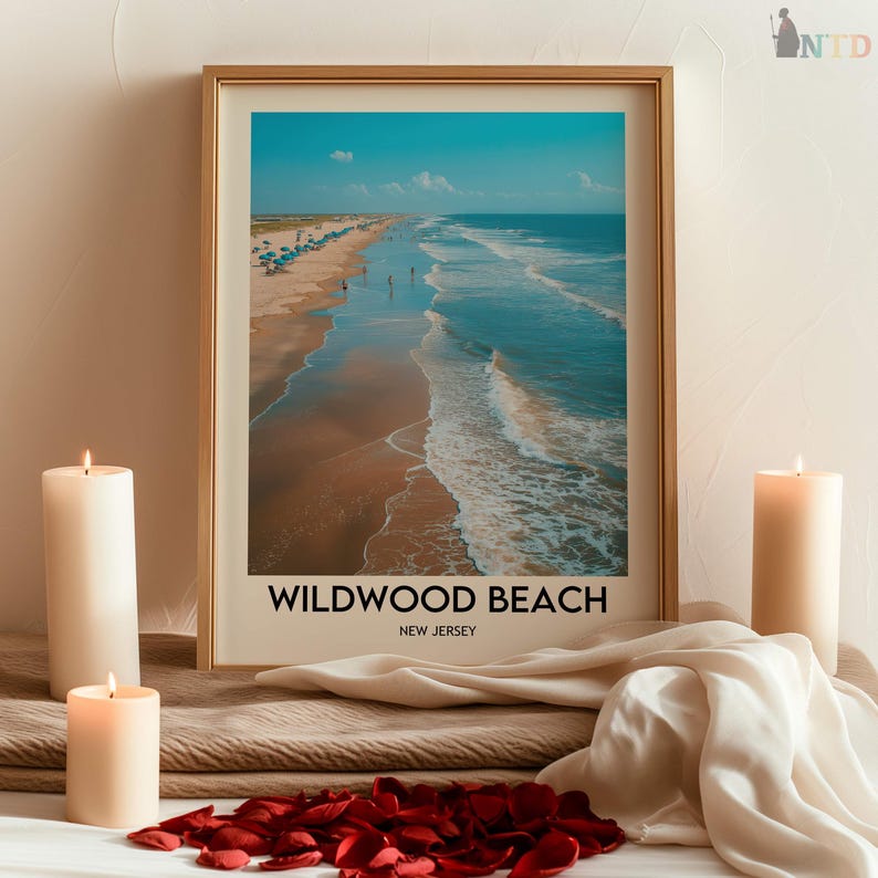 May include: A framed print of Wildwood Beach, New Jersey, in a gold frame. The beach scene shows a sandy shore, blue sea, and sky. The print is surrounded by lit candles and red rose petals.