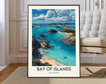 Plakat z Zatoki Wysp w Nowej Zelandii, dekoracja ścienna z krajobrazem nadmorskim Paihia i Russell, dekoracja z malowniczą mapą wyspy, prezent z ilustracją podróżniczą
