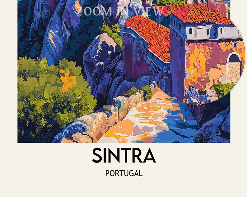 May include: A colorful illustration of a building in Sintra, Portugal. The building is painted in shades of blue, red, and yellow, and is surrounded by lush green foliage. The text "SINTRA" and "PORTUGAL" is printed below the image.