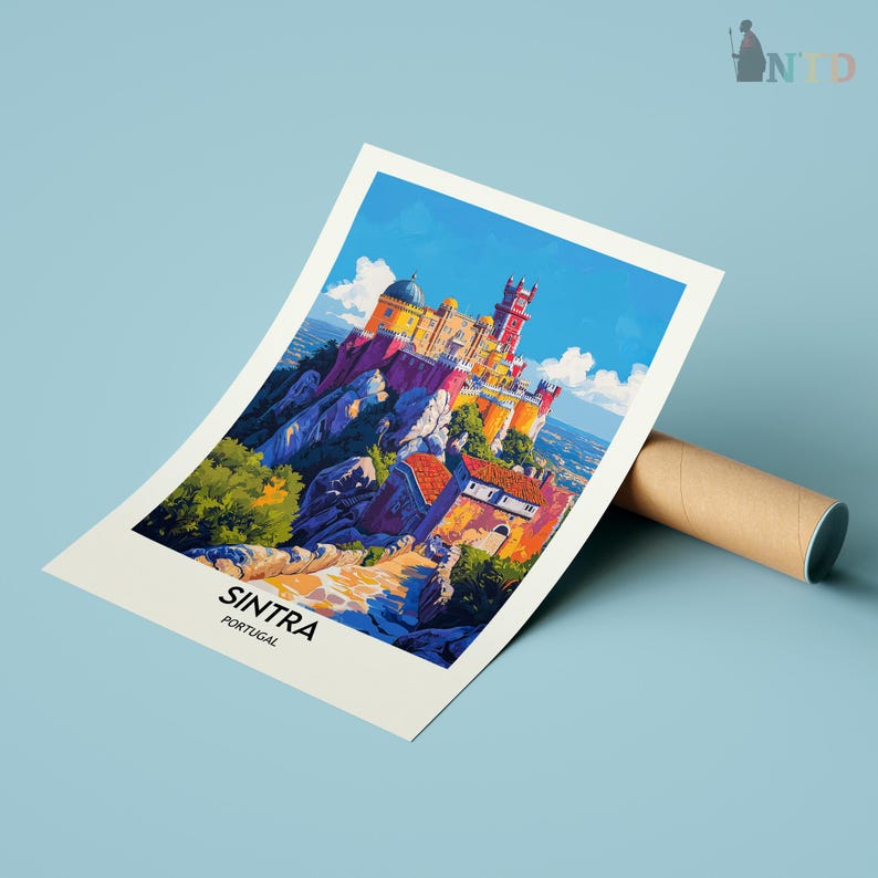 May include: A colorful illustration of Pena National Palace in Sintra, Portugal. The palace is perched on a hilltop with lush green trees and a blue sky in the background. The text "SINTRA PORTUGAL" is at the bottom of the image.