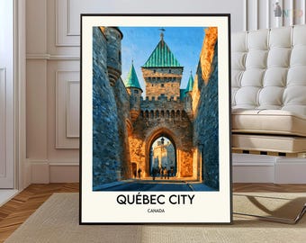 May include: Framed print of Québec City, Canada, featuring a stone archway and buildings with green-tiled roofs. The image has a warm color palette with a blue sky and the text "QUÉBEC CITY CANADA" at the bottom.