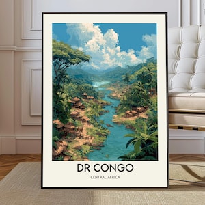 Puede incluir: Una impresión artística enmarcada que presenta un paisaje vibrante del DR Congo. La obra de arte representa un río que serpentea a través de una exuberante vegetación verde, con pequeños edificios a lo largo de las orillas. El texto "DR CONGO CENTRAL AFRICA" está en la parte inferior.