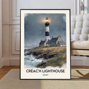 May include: A framed print of the Créac'h Lighthouse on Ushant. The lighthouse is black and white, with a bright light at the top. The print shows the lighthouse on a rocky coast with a stormy sky. The text "CRÉAC'H LIGHTHOUSE" and "USHANT" are at the bottom.