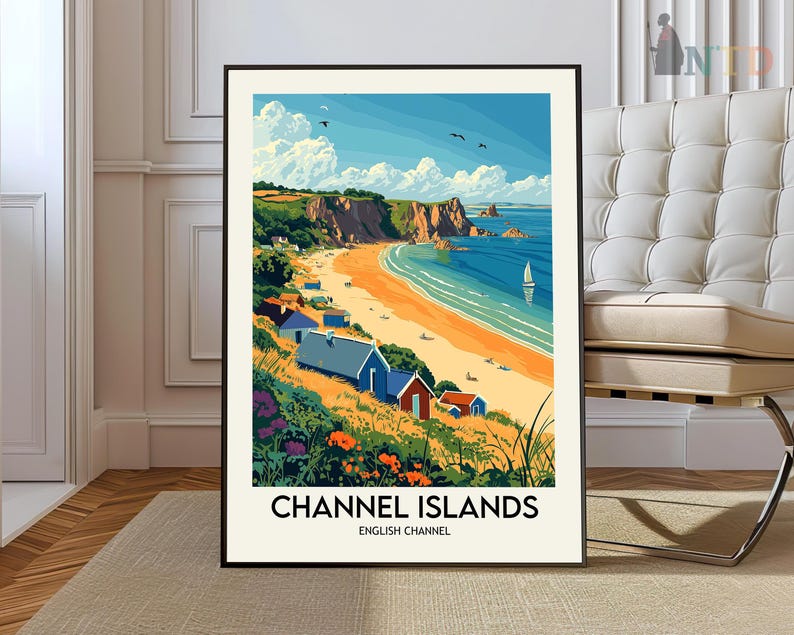 May include: A vintage travel poster featuring a colorful illustration of a beach scene with a blue ocean, sandy shore, and colorful houses. The text on the poster reads "Channel Islands, English Channel".