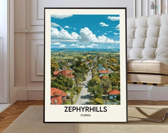 Póster de Zephyrhills, Florida, Arte de pared de un pequeño pueblo estadounidense, Regalo de decoración de viaje del Estado del Sol