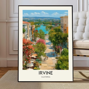 May include: A framed art print featuring a vibrant street scene in Irvine, California. The artwork depicts a pedestrian walkway lined with trees, shops, and restaurants, leading towards a lake. The sky is blue with fluffy clouds. The word "IRVINE" is printed at the bottom.