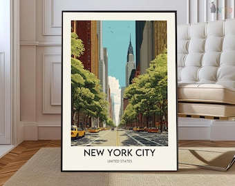 May include: A framed art print of New York City. The image shows a street scene with skyscrapers, trees, and yellow taxis. The text "NEW YORK CITY UNITED STATES" is at the bottom. The artwork is in a black frame, suitable for home decor.
